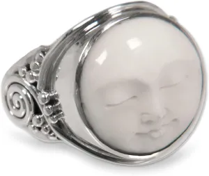 NOVICA Artisan Handmade Bone Ring Crafted .925 Sterling Silver Cocktail Indonesia 'Face of The Moon'