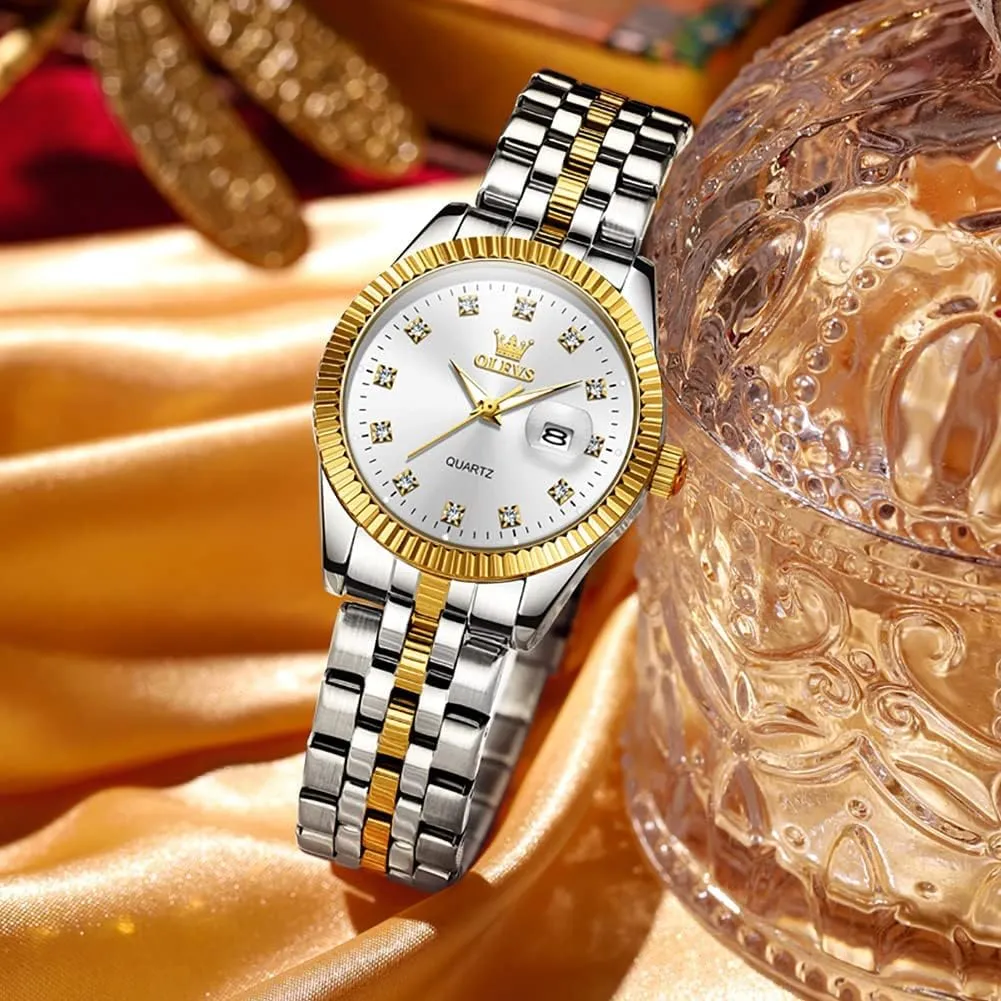 OLEVS Womens Watches Diamond Luxury Dress Gold Wrist Watch Stainless Steel Waterproof Luminous Date