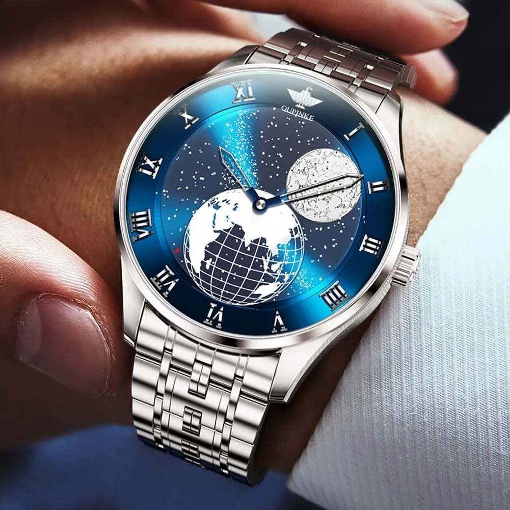 OUPINKE Men Automatic Watch Starry Sky Moon Phase Rose Gold Silver Stainless Steel Self-Winding Luxury Business Waterproof Wrist Watch