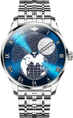 OUPINKE Men Automatic Watch Starry Sky Moon Phase Rose Gold Silver Stainless Steel Self-Winding Luxury Business Waterproof Wrist Watch