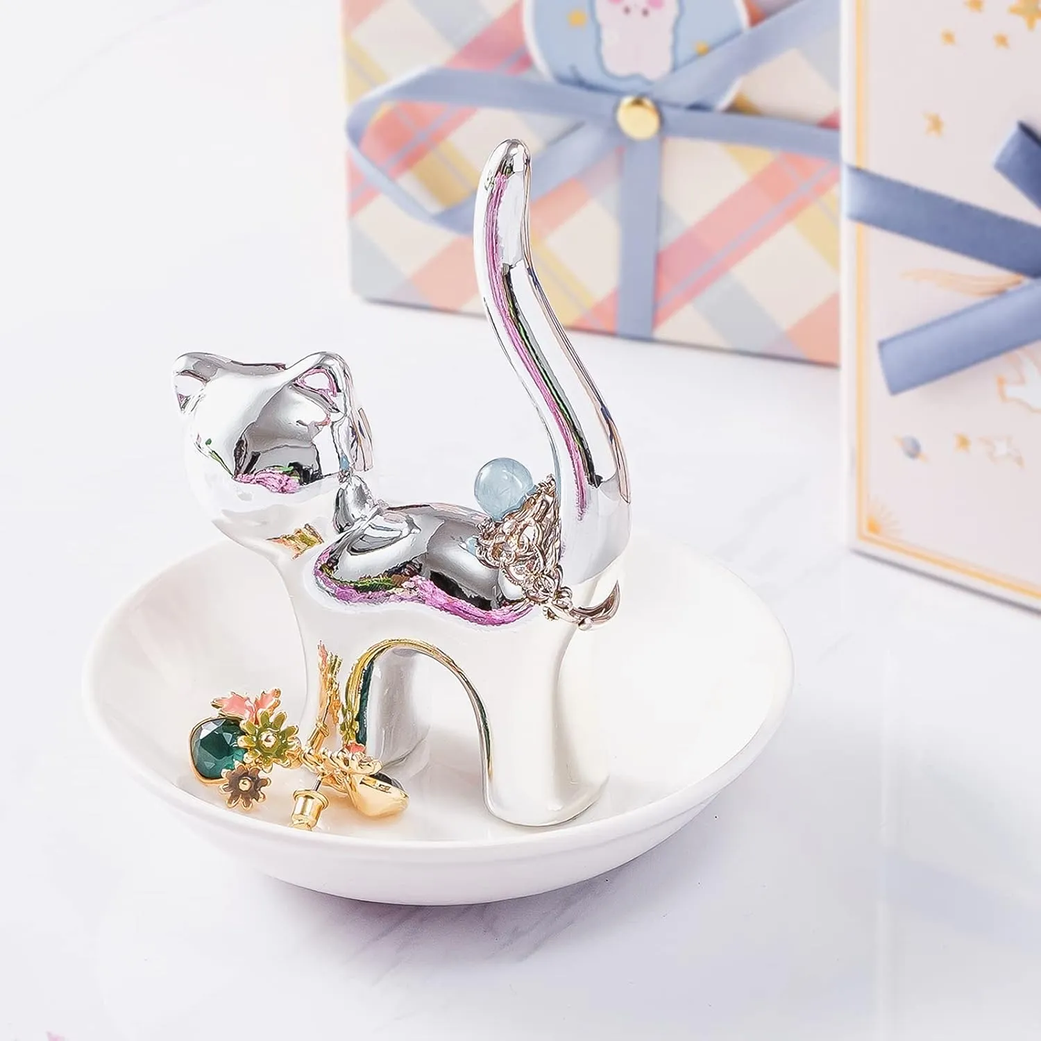 PUDDING CABIN Cat Ring Holder, Trinket Dish for Rings Earrings Organizer, Cat Lovers Gift for Women Mom, Funny Cat Themed Gifts for Girls Friends Valentine Christmas