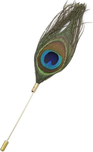 Q&Q Fashion Fab Faux Peacock Feather Plume Boutonniere Gold Lapel Brooch Tie Hat Scarf Stick Pin