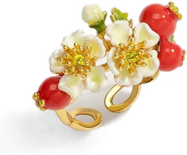Red Hawthorn Fruit And White Flower Crystal Enamel Adjustable Ring Jewelry Gift 18K Gold Plated Copper