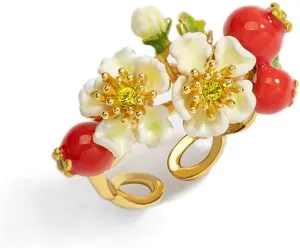 Red Hawthorn Fruit And White Flower Crystal Enamel Adjustable Ring Jewelry Gift 18K Gold Plated Copper