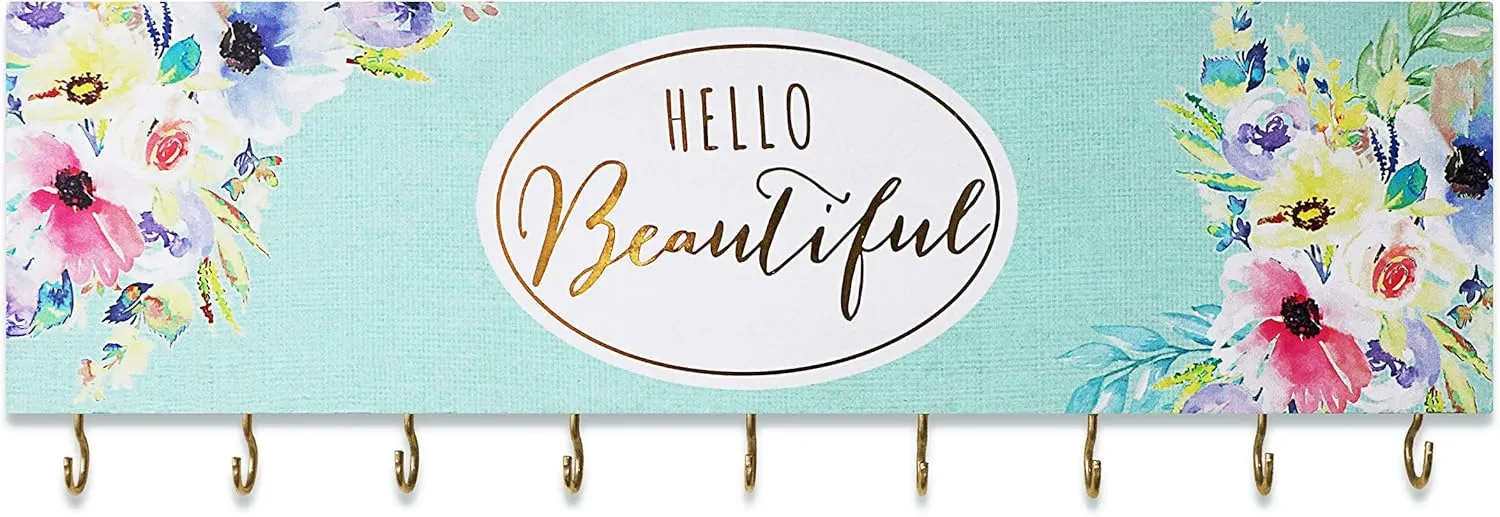 SANY DAYO HOME Wall Mount Necklace Holder Organizer with 9 Jewelry Hooks for Ring, Hair Bow, Headband, Purse - Wall Decor for Girls Room - Hello Beautiful