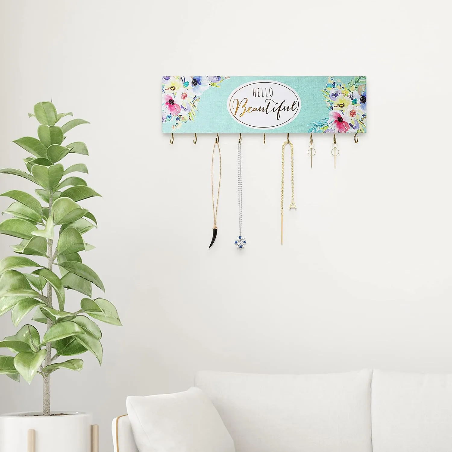SANY DAYO HOME Wall Mount Necklace Holder Organizer with 9 Jewelry Hooks for Ring, Hair Bow, Headband, Purse - Wall Decor for Girls Room - Hello Beautiful