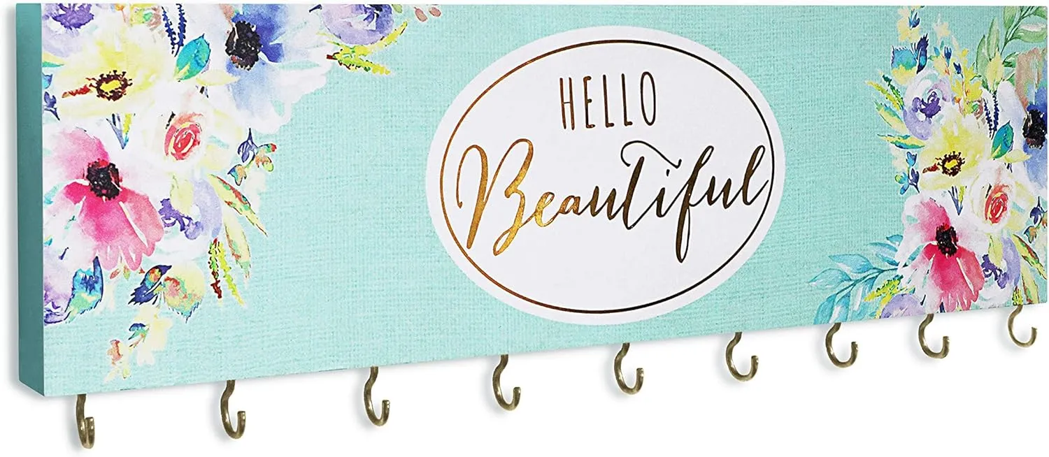 SANY DAYO HOME Wall Mount Necklace Holder Organizer with 9 Jewelry Hooks for Ring, Hair Bow, Headband, Purse - Wall Decor for Girls Room - Hello Beautiful