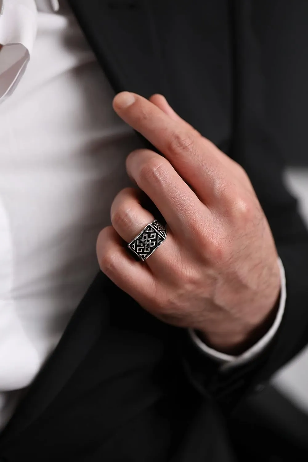 Solid 925 Sterling Silver Special Anatolian Motif Luxury Turkish Men's Ring