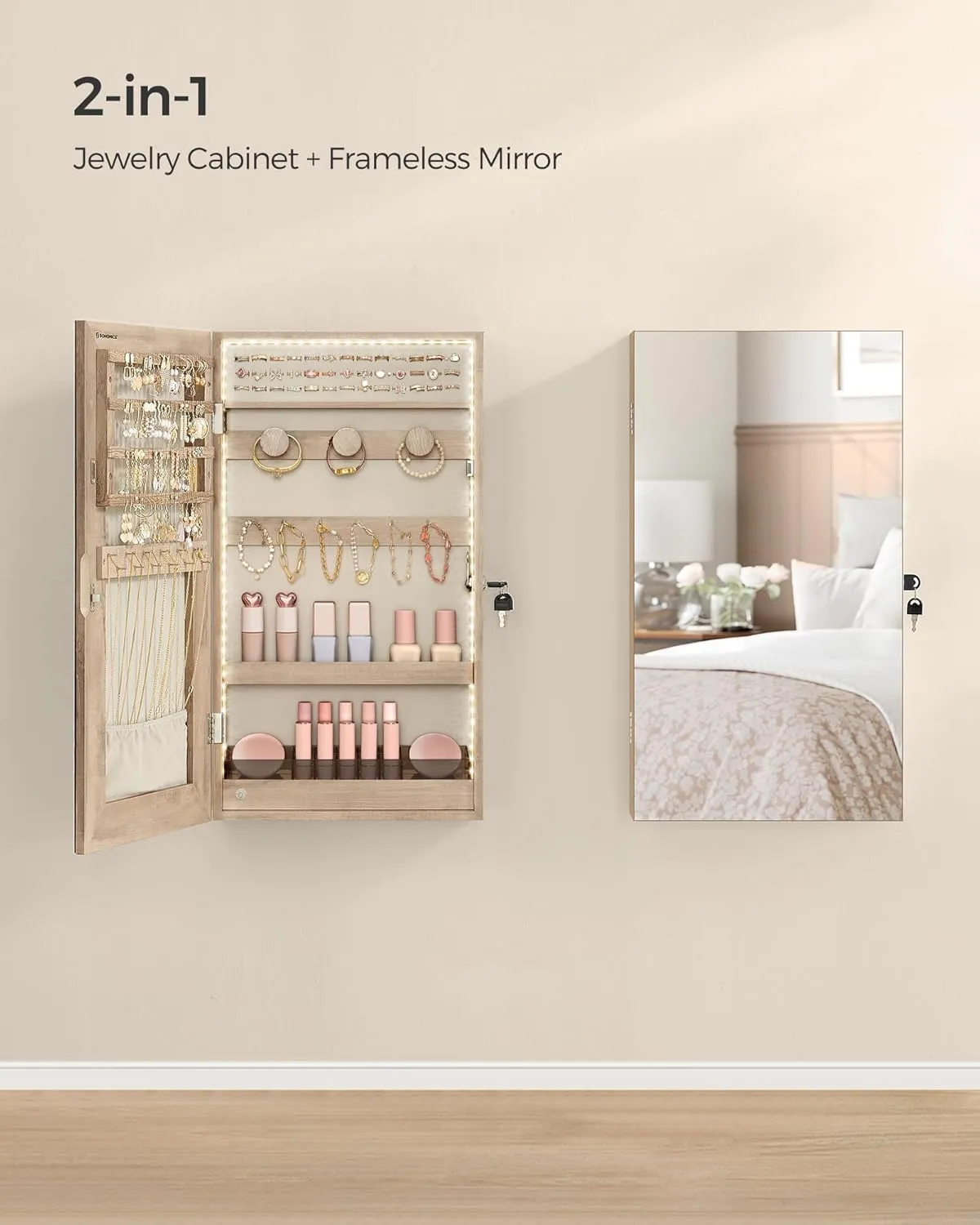 SONGMICS Mirror Jewelry Cabinet Armoire with Built-in LED Lights, Wall or Door Mounted Jewelry Storage Organizer, 3.8 x 14.6 x 26.4 Inches Hanging Mirror Cabinet, Gift Idea, Camel Brown UJJC050N01