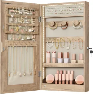 SONGMICS Mirror Jewelry Cabinet Armoire with Built-in LED Lights, Wall or Door Mounted Jewelry Storage Organizer, 3.8 x 14.6 x 26.4 Inches Hanging Mirror Cabinet, Gift Idea, Camel Brown UJJC050N01