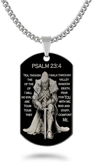 Stainless Steel Dog Tag Cross Necklace for Men Boys Psalm 23:4 Bible Verse Pendant with Curb Link Chain 24 Inches CQSSN891