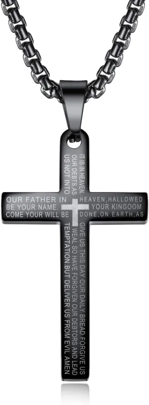 Stainless Steel Lord's Prayer Necklace for Men Women Cross Pendant for Car Rear View Mirrors, Decorative Automobile Hanging Charm Ornament with Bible Verse