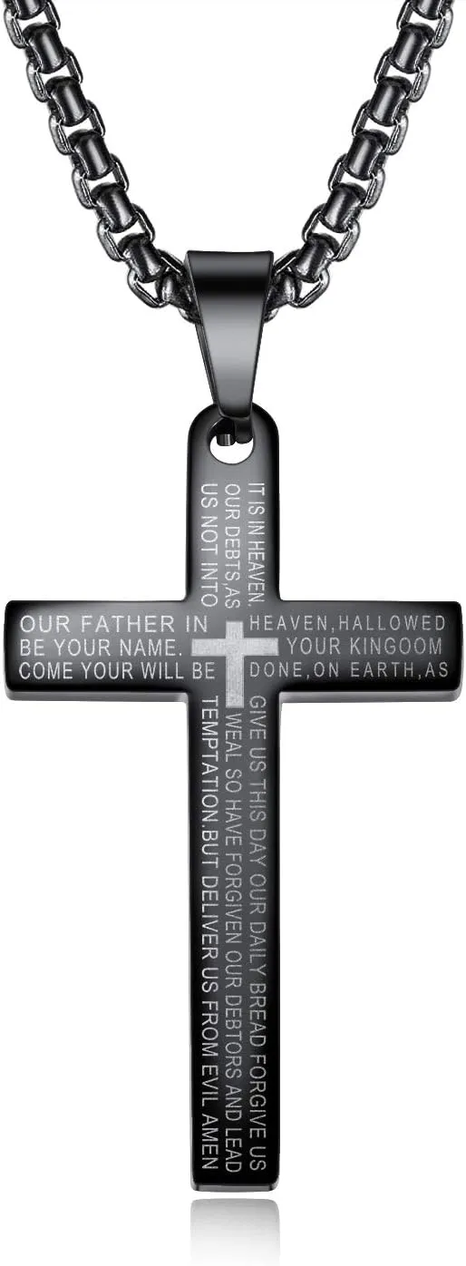 Stainless Steel Lord's Prayer Necklace for Men Women Cross Pendant for Car Rear View Mirrors, Decorative Automobile Hanging Charm Ornament with Bible Verse