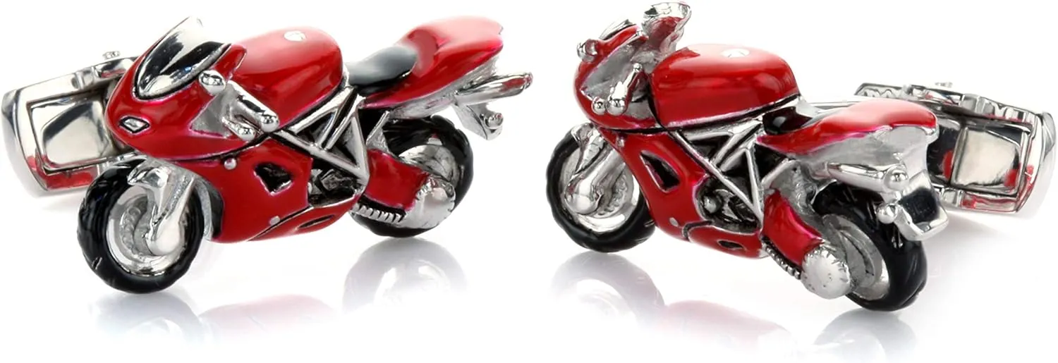 Super Sport Motorcycle Cufflinks with Spinning Wheels. Hand Painted Red Enamel Colors. For Business, Wedding, Gift CU-1750RED