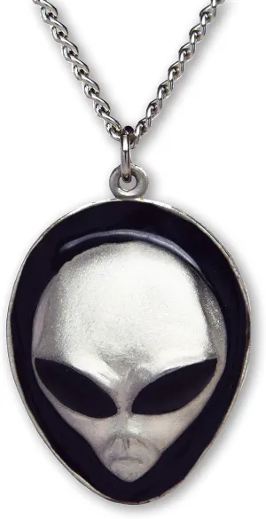 UFO Roswell Alien Head with Black Enamel Eyes Pendant Necklace
