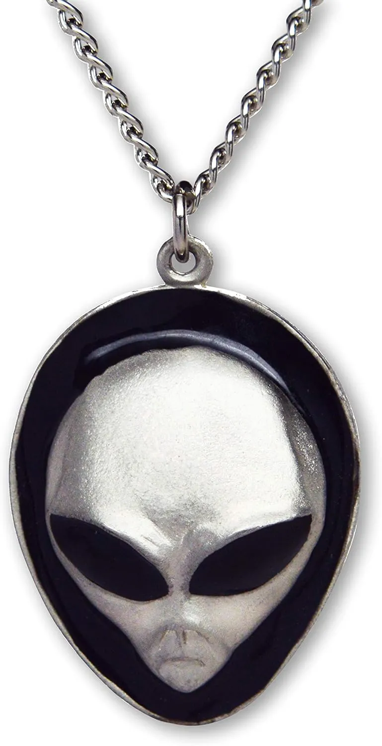 UFO Roswell Alien Head with Black Enamel Eyes Pendant Necklace