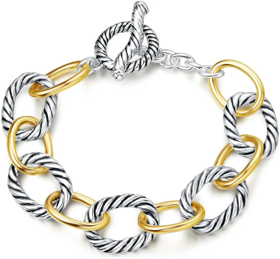 UNY JEWEL Twisted Cable Wire Link Chain Bracelet Two Tone Designer Brand Inspired Women Jewelry Valentine (2 Tone)