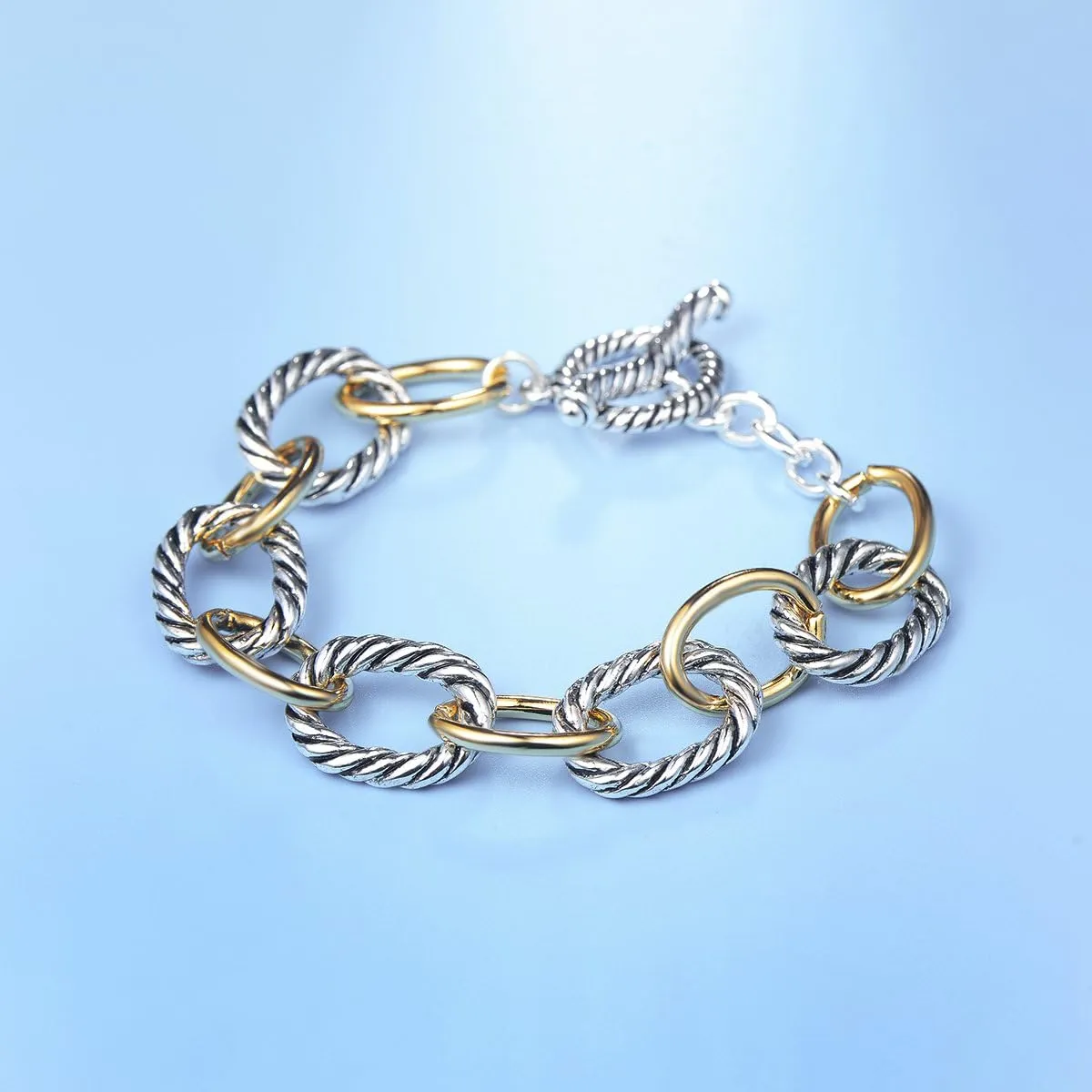 UNY JEWEL Twisted Cable Wire Link Chain Bracelet Two Tone Designer Brand Inspired Women Jewelry Valentine (2 Tone)
