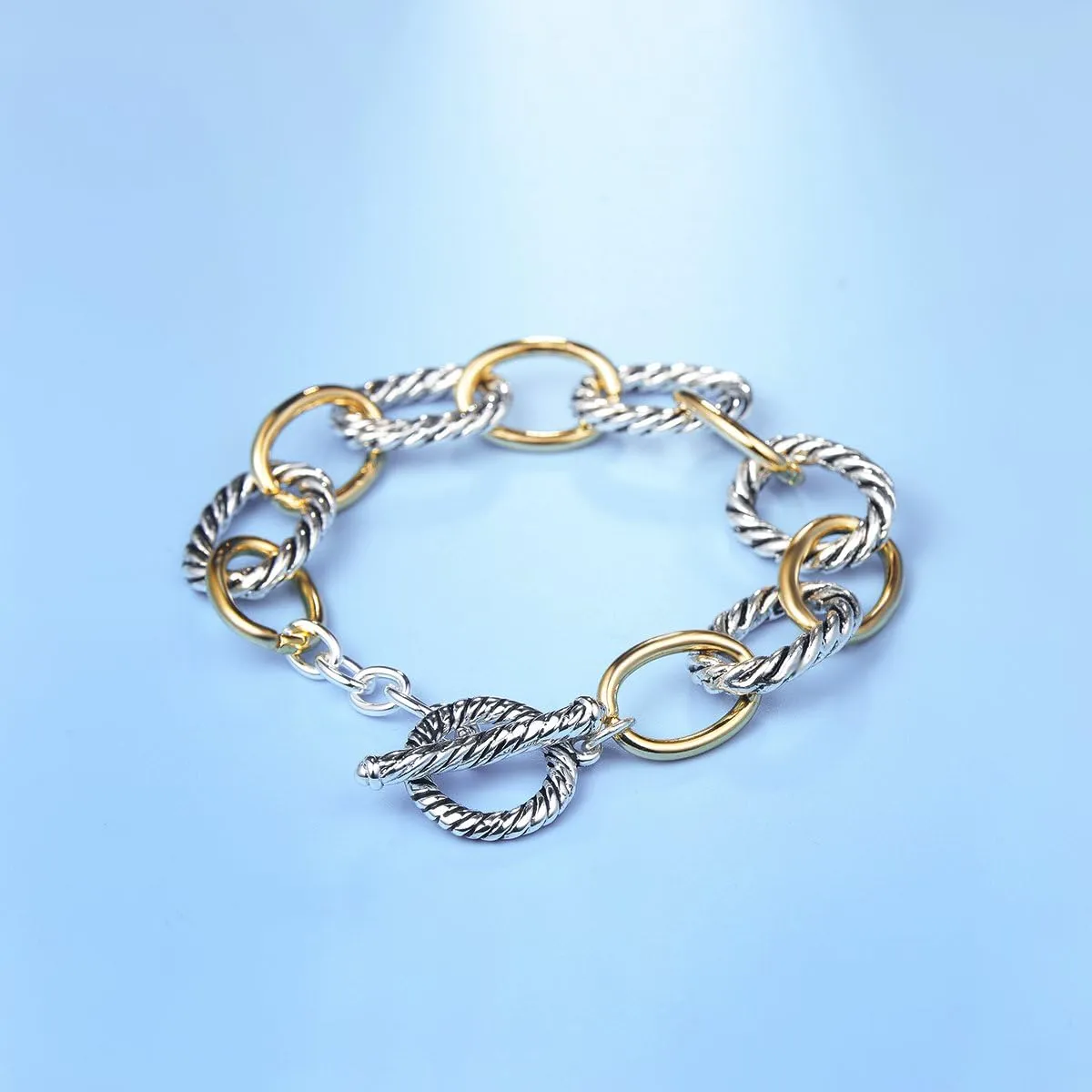 UNY JEWEL Twisted Cable Wire Link Chain Bracelet Two Tone Designer Brand Inspired Women Jewelry Valentine (2 Tone)