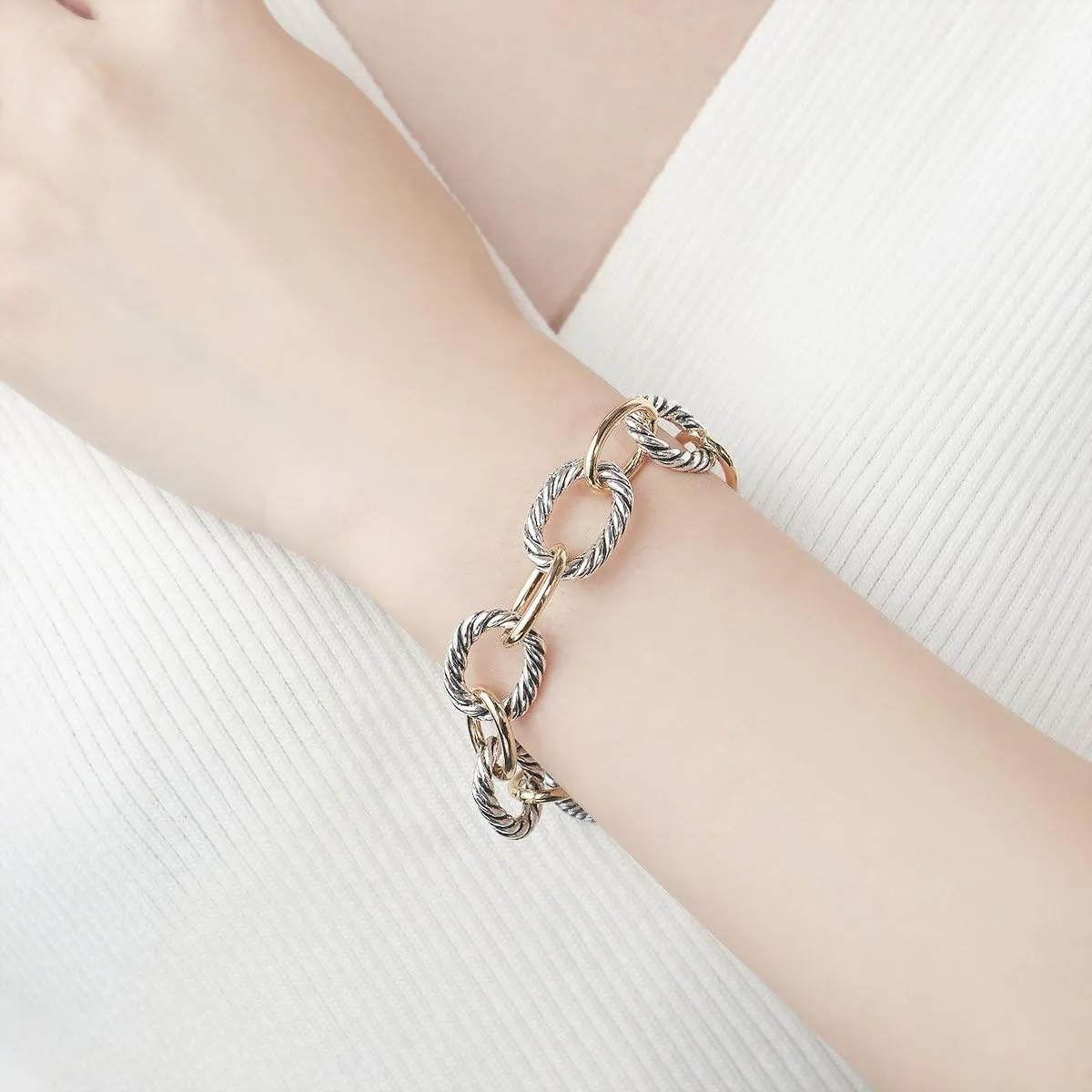 UNY JEWEL Twisted Cable Wire Link Chain Bracelet Two Tone Designer Brand Inspired Women Jewelry Valentine (2 Tone)